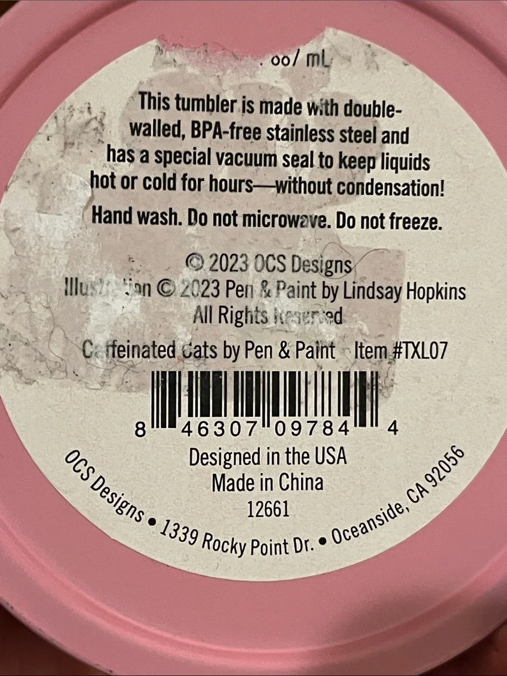 Cat-themed insulated tumbler. Double-walled, BPA-free stainless steel. 24 oz.